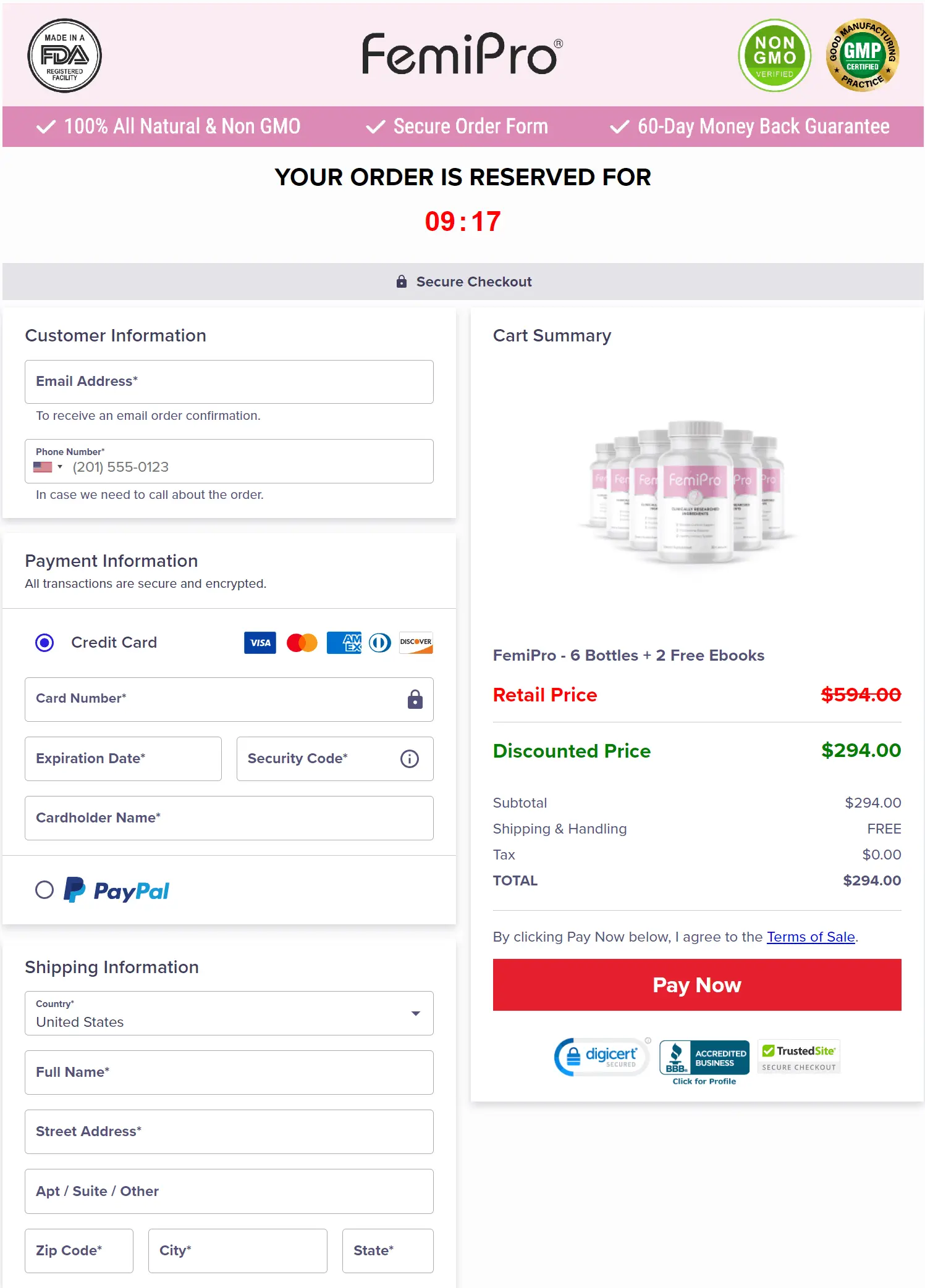 Femipro™ checkout page informaiton